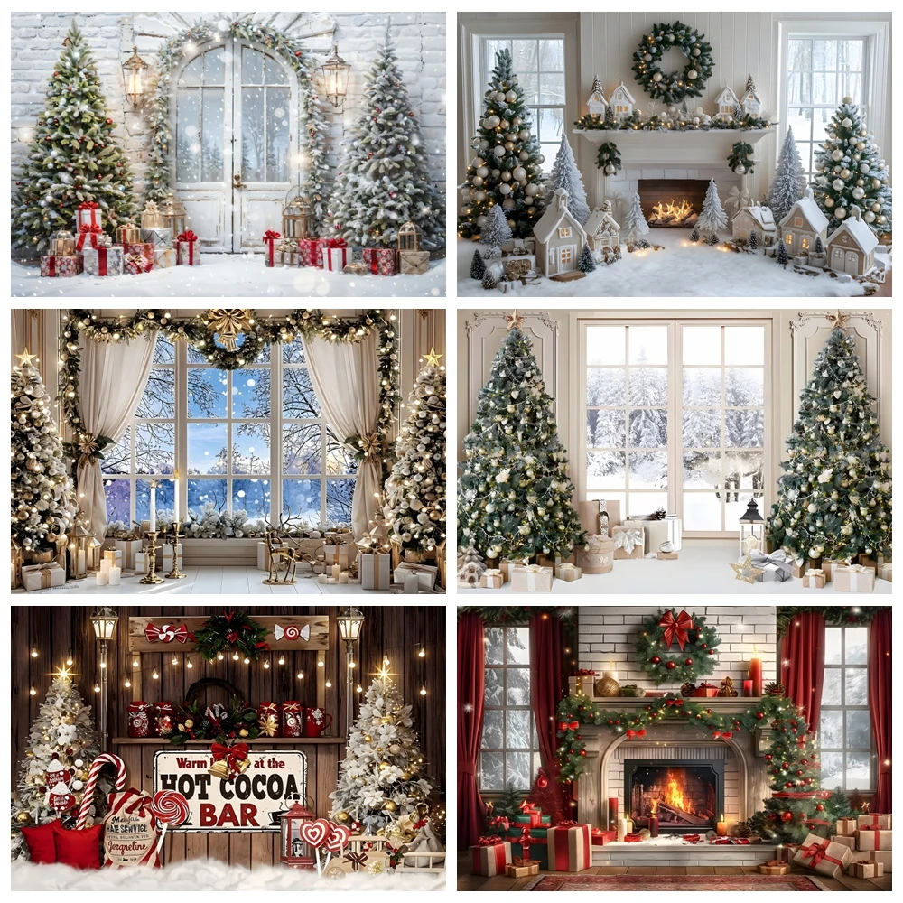 

Merry Christmas Backdrop Winter Window Fireplace Xmas Tree Gifts Wreath Family Party Kids Portrait Photography Background Decor