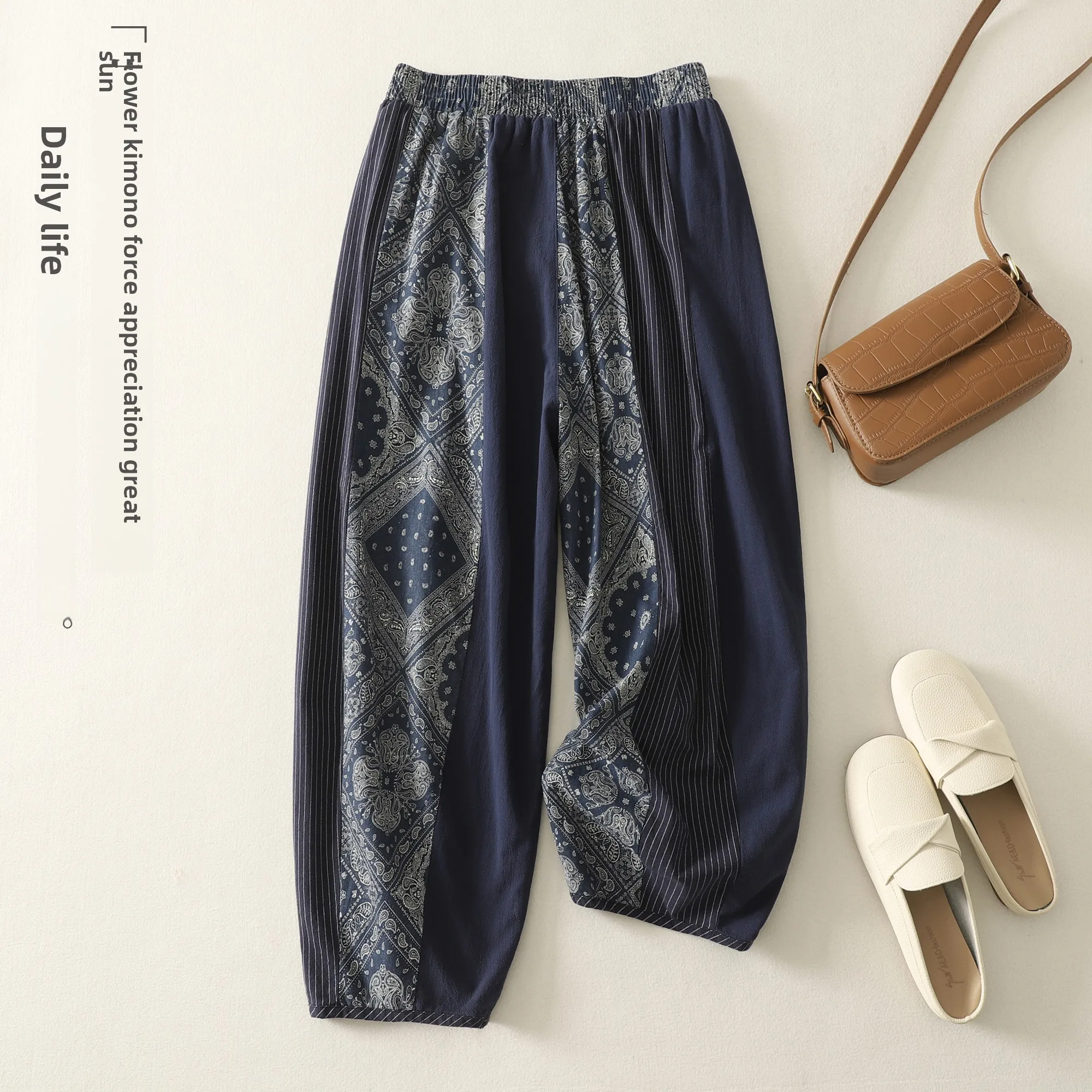 Luźne spodnie haremki z bawełny i lnu z elastyczną talią, cienkie, damskie, wyszczuplające, uniwersalne, na sezon letni, z regulacją w pasie.