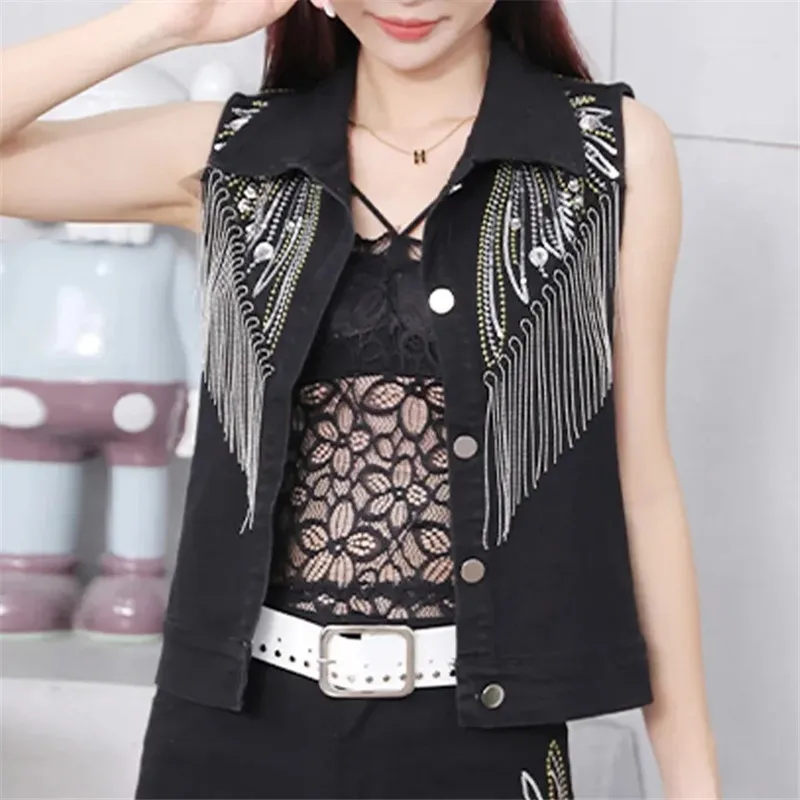 New Fashion Black Denim Vest Women\'s Jacket 2023 Spring Antumn Rivet Tassel Sequin Fit Short Slim Lady Vests Female Outerwear