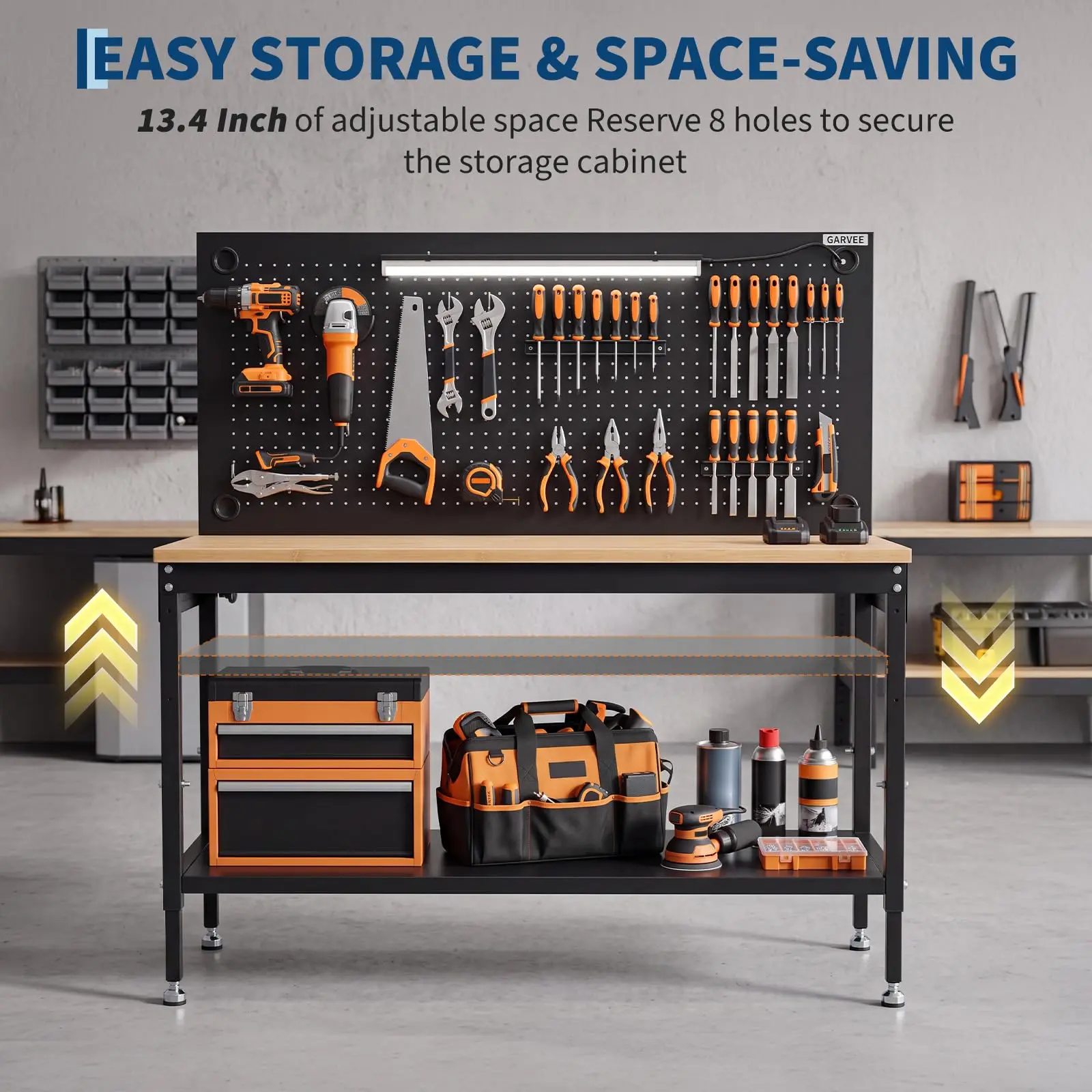 Heavy-Duty Garage Workbench, 48 X 24 in Work Table - Pegboard Tool Organizer - Steel Frame, Large Work Surface - Black