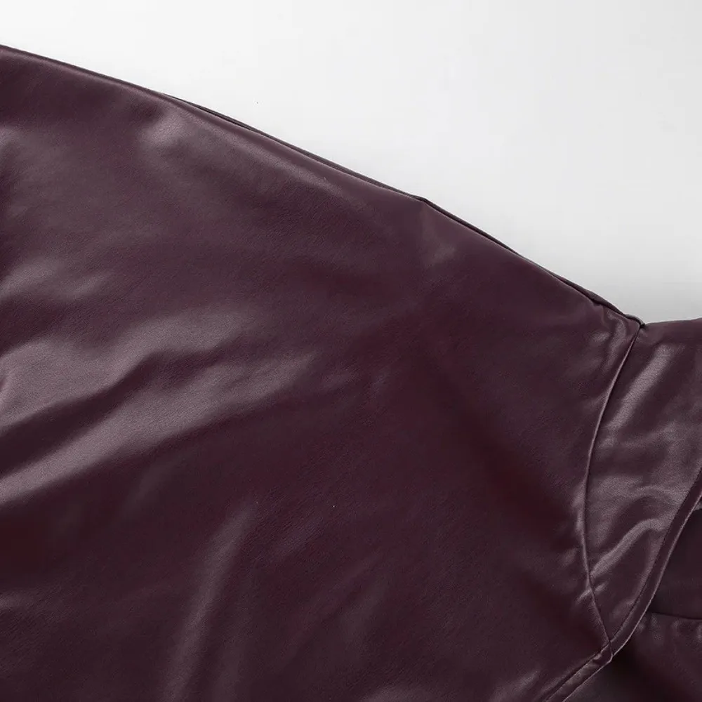 Vintage Leather Jacket Garment Tie Waist Frame Stand Collar Women Fashion Top Mid Length Cut Cool Street Style
