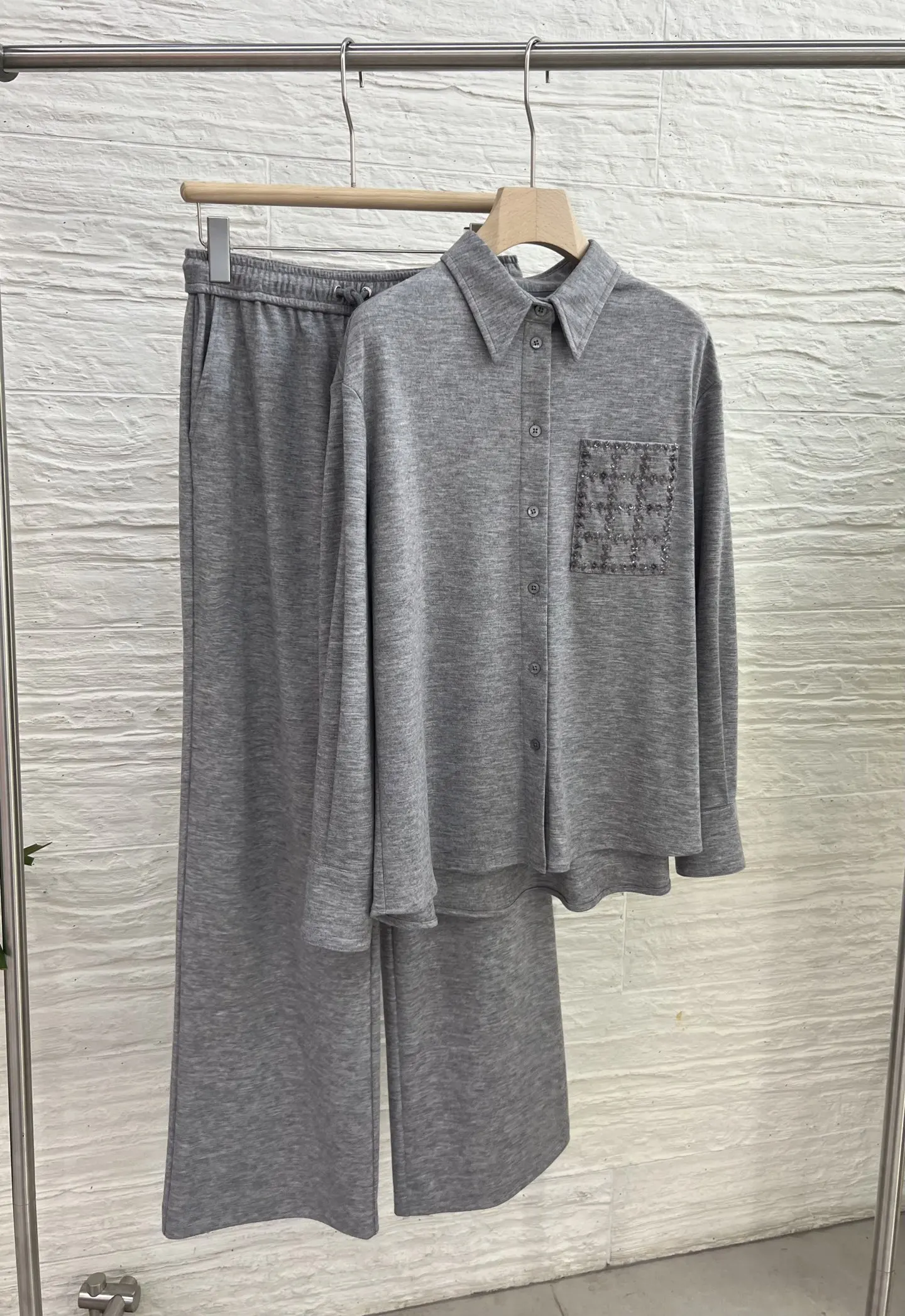 2026Autumn Women's Pocket Long-Sleeve Shirt and Wide-Leg Pants Suit