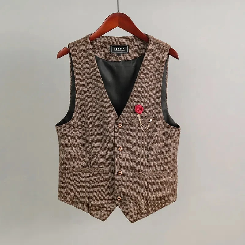 

Women's Suit Vest Coffee Herringbone Tweed Single Breasted V Neck Retro Party Office Formal Wedding Casual Business Waistcoat