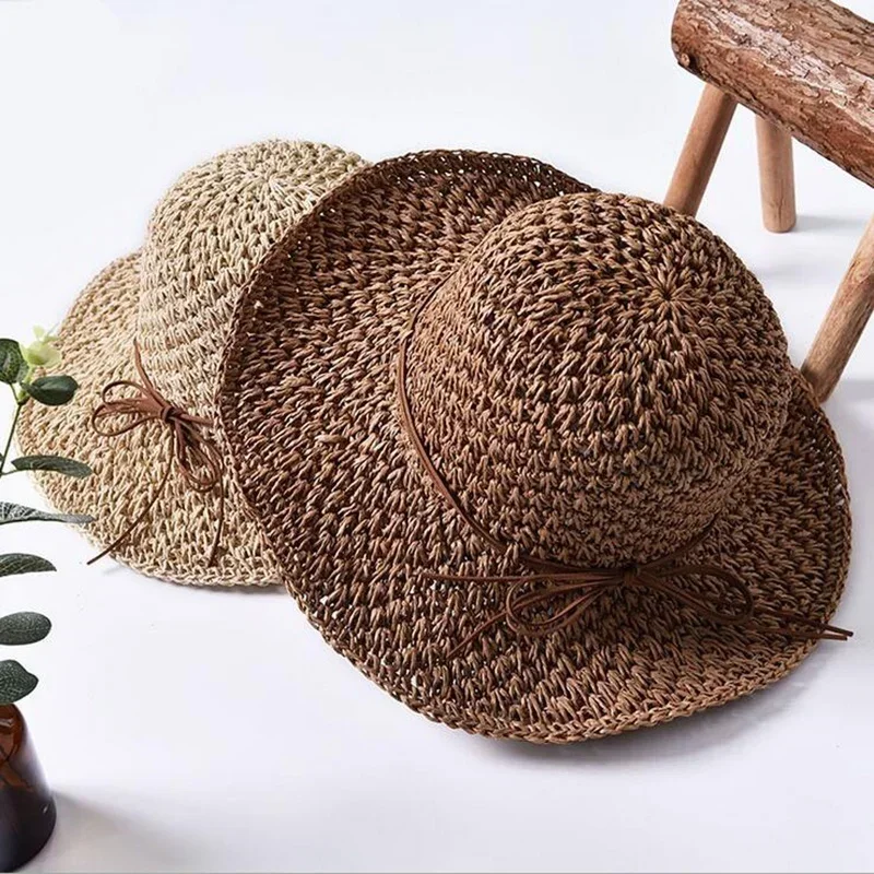 

Summer Women's Foldable Large Brim Beach Sun Hat Straw Beach Cap for Ladies Elegant Vacation Travel Hats