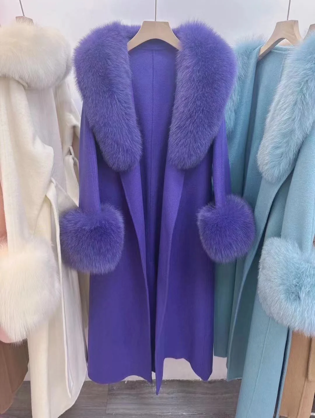 Manteau long en cachemire réversible pour femme, grand col en fourrure de renard, manteau haut de gamme pour femme, automne et hiver, nouveau