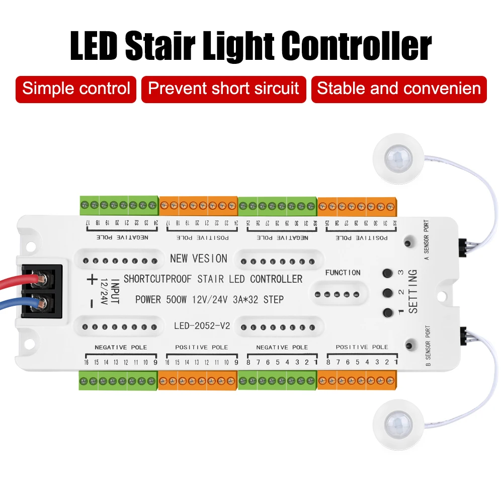 La luce notturna a scala a 32 canali impedisce il Controller di cortocircuito DC12V/24V luce del sensore di movimento a LED per scale