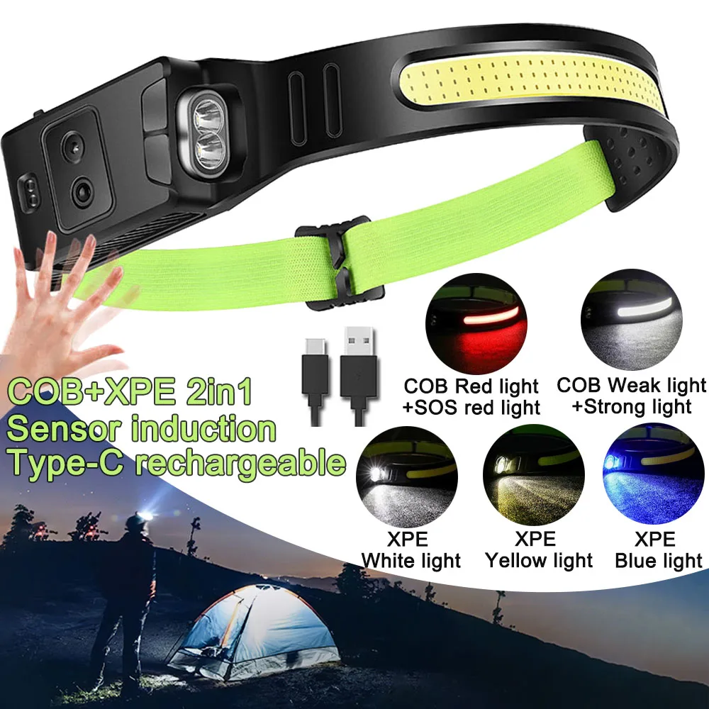 COB Powerful Headlamp Hiking Wave Induction LED Head Light Cycling Fishing Rechargeable Head Lamp Camping Flashlight Cap Light