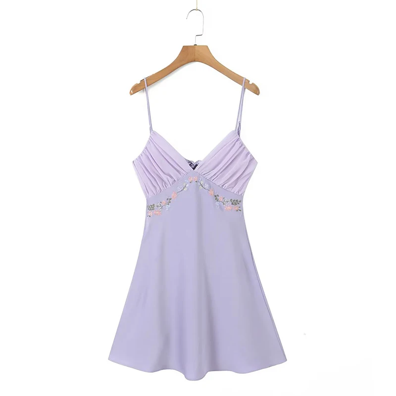 YENKYE 2023 Women Floral Embroidery Purple Sling Mini Dress Sexy Backless V Neck Female Summer Dress Holiday Robe LDZZ7038