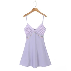 YENKYE 2023 Women Floral Embroidery Purple Sling Mini Dress Sexy Backless V Neck Female Summer Dress Holiday Robe LDZZ7038