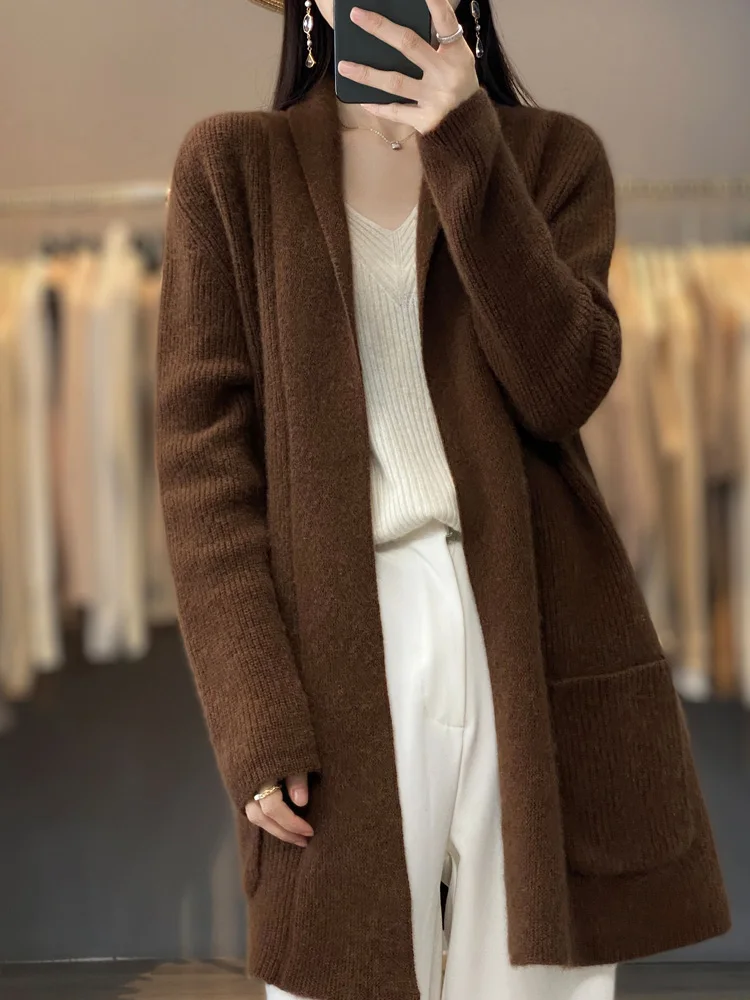 Hot Sale New Spring Autumn Winter Women Cardigan 100% Merino Wool Knitted Sweater Solid Color Loose Soft Fashion Female Coat