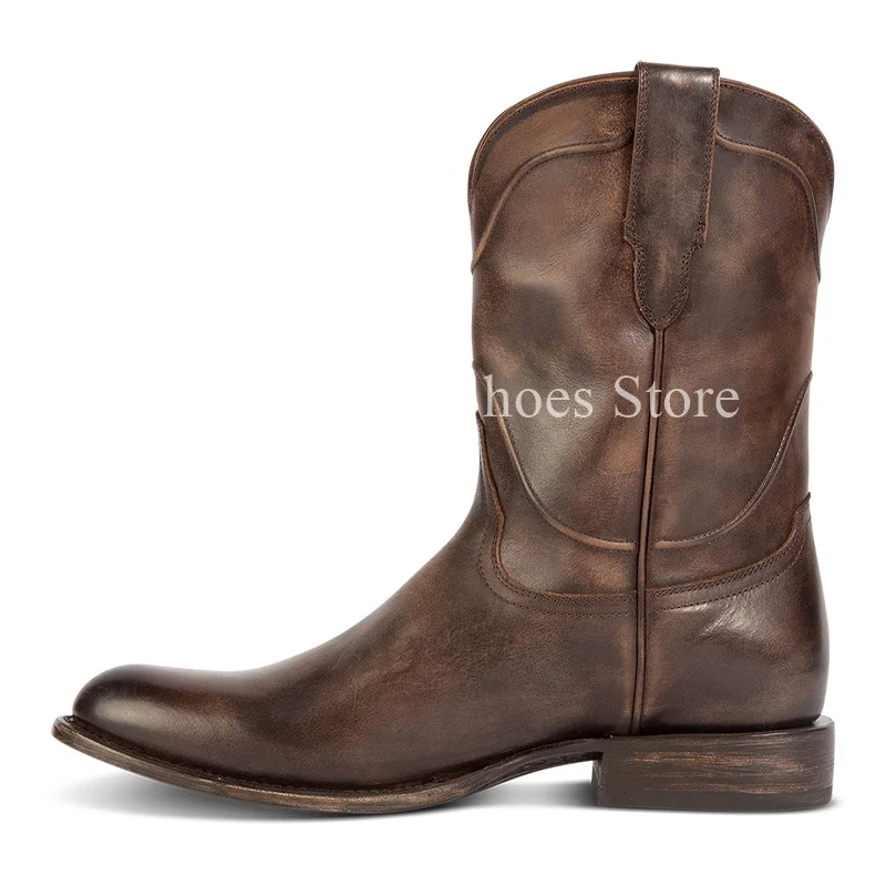 Western Cowboy Chelsea Boots Vintage Mid-calf Boots Pointed Toes Classical Shoes Genuine Leather Worker Winter Booties For Men