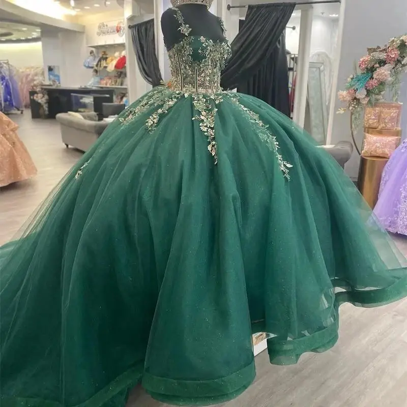 

Green Shiny Quinceanera Dresses 2024 Ball Gown Crystal Vestidos De 15 Años Gold Flowers Sweetheart Beaded Evening Party Dress