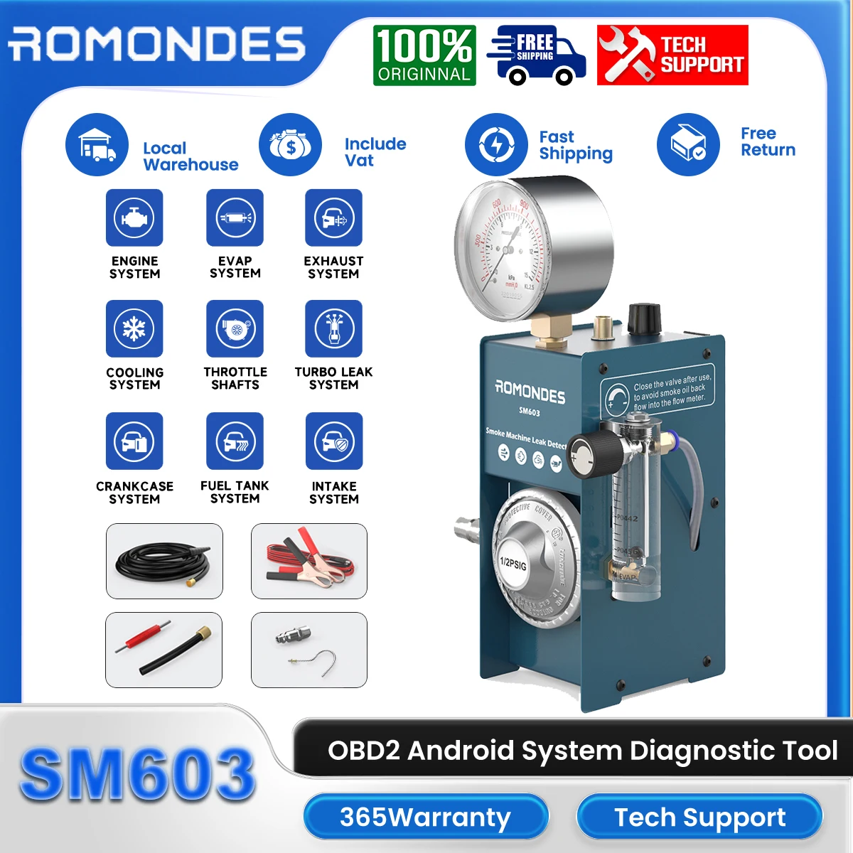 Romondes SM603 Automotive Smoke Leak Diagnostic Tool with Pressure Gauge Flow meter Test Vacuum Fuel Pipe Leakage EVAP Machine