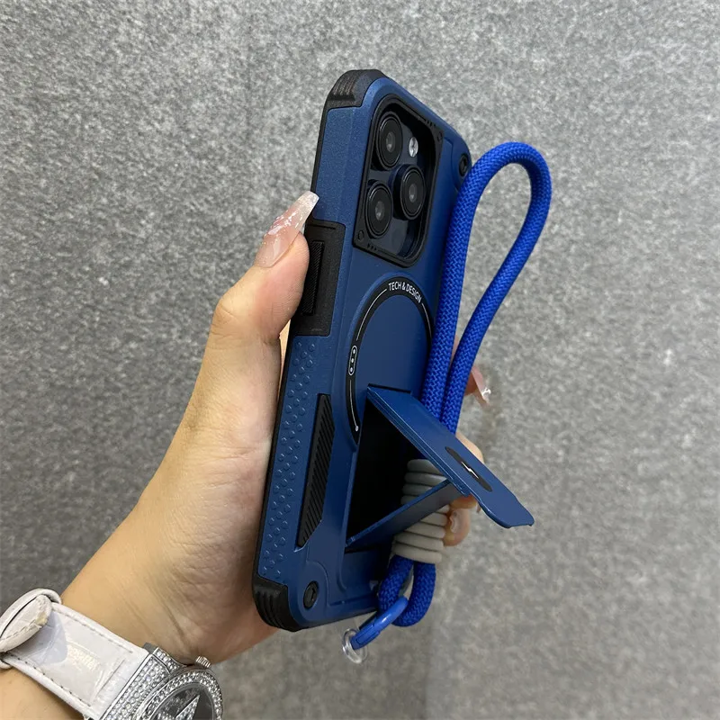 Luxury Stand Holder Anti-fall for Magsafe Phone Case for IPhone 17 16 13 12 Pro Max 15 14 Plus Wrist Strap Shockproof Back Cover - view 3