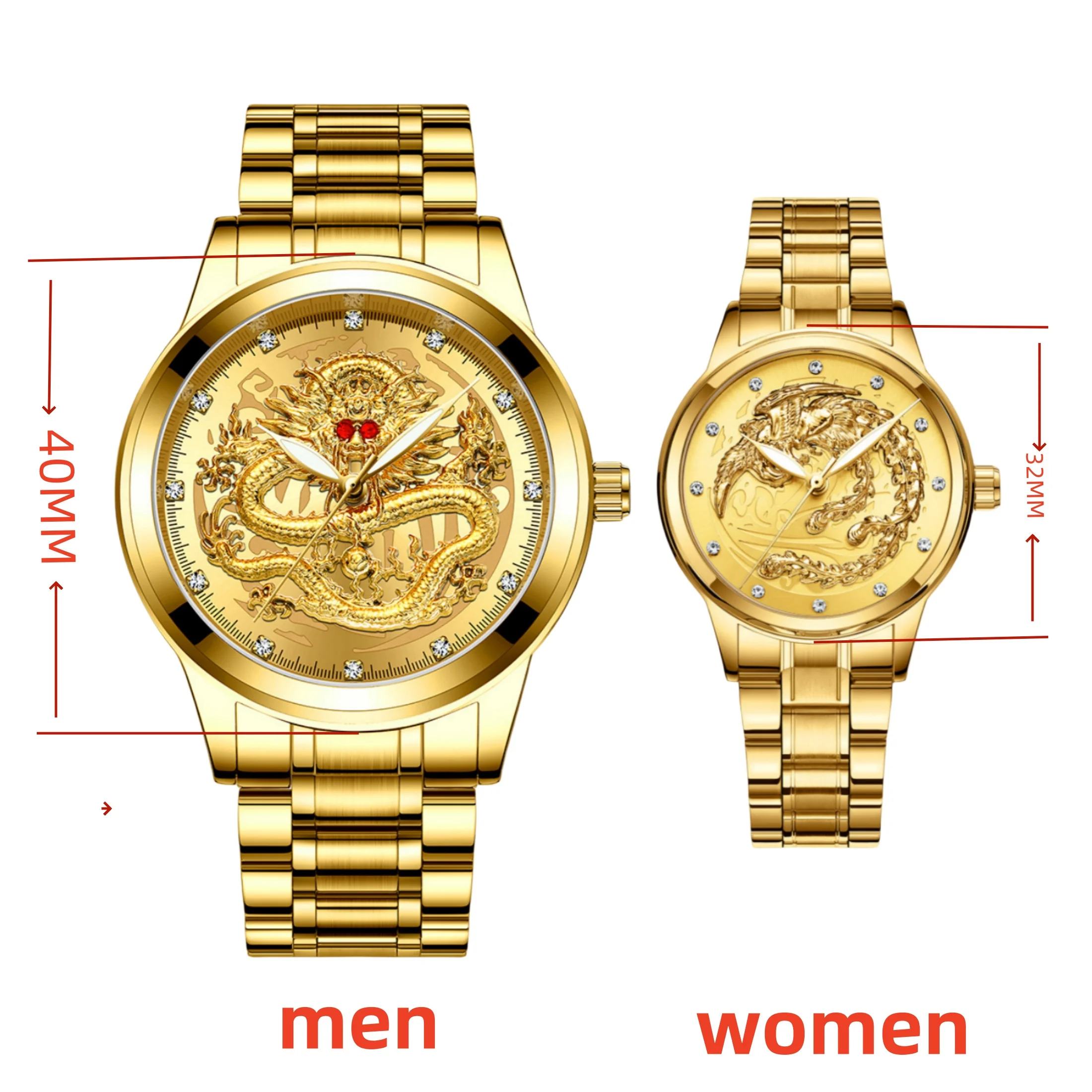 2pcs/set Couple Watches 30M Waterproof Fashion Valentine\'s Day Gift Loong Phoenix Crystal Watch Men Women Quartz Watch 366