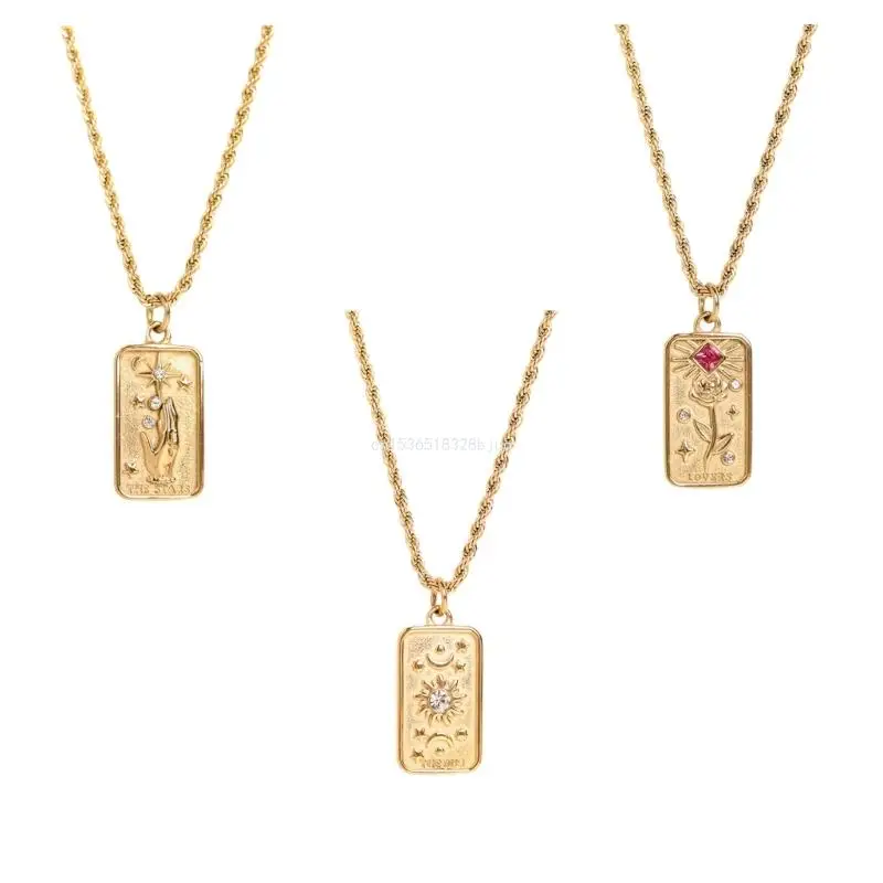 

Vintage Tarot Card Necklace Stainless Steel Zircons Rectangle Pendant Necklaces for Couple Sun Star Rose Collarbone Dropship