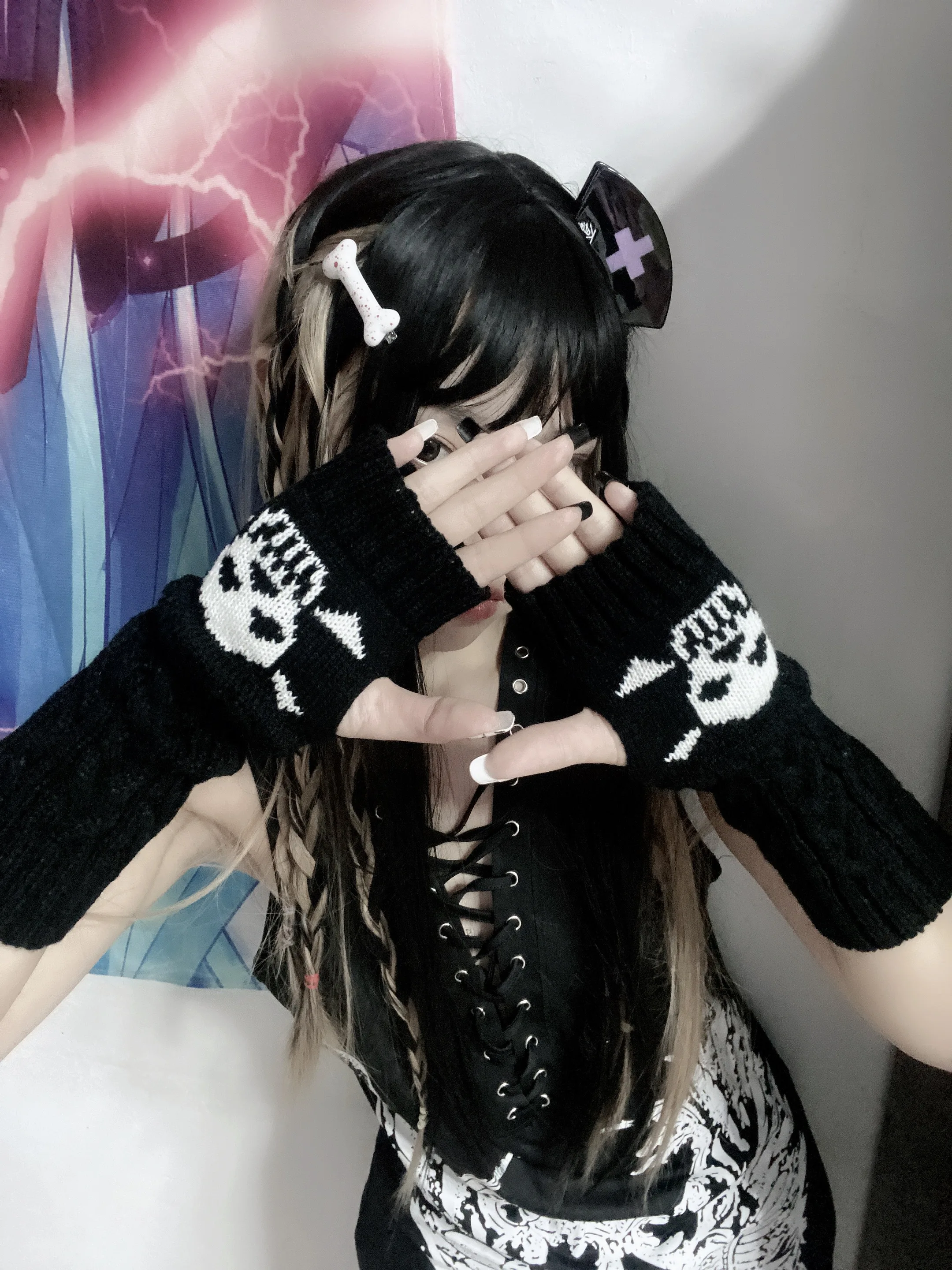 Goth Emo rękawiczki bez palców kobiety Harajuku Punk czarna czaszka pół palca długie rękawiczki Egirl Grunge Lolita Anime Kawaii Arm Warmer