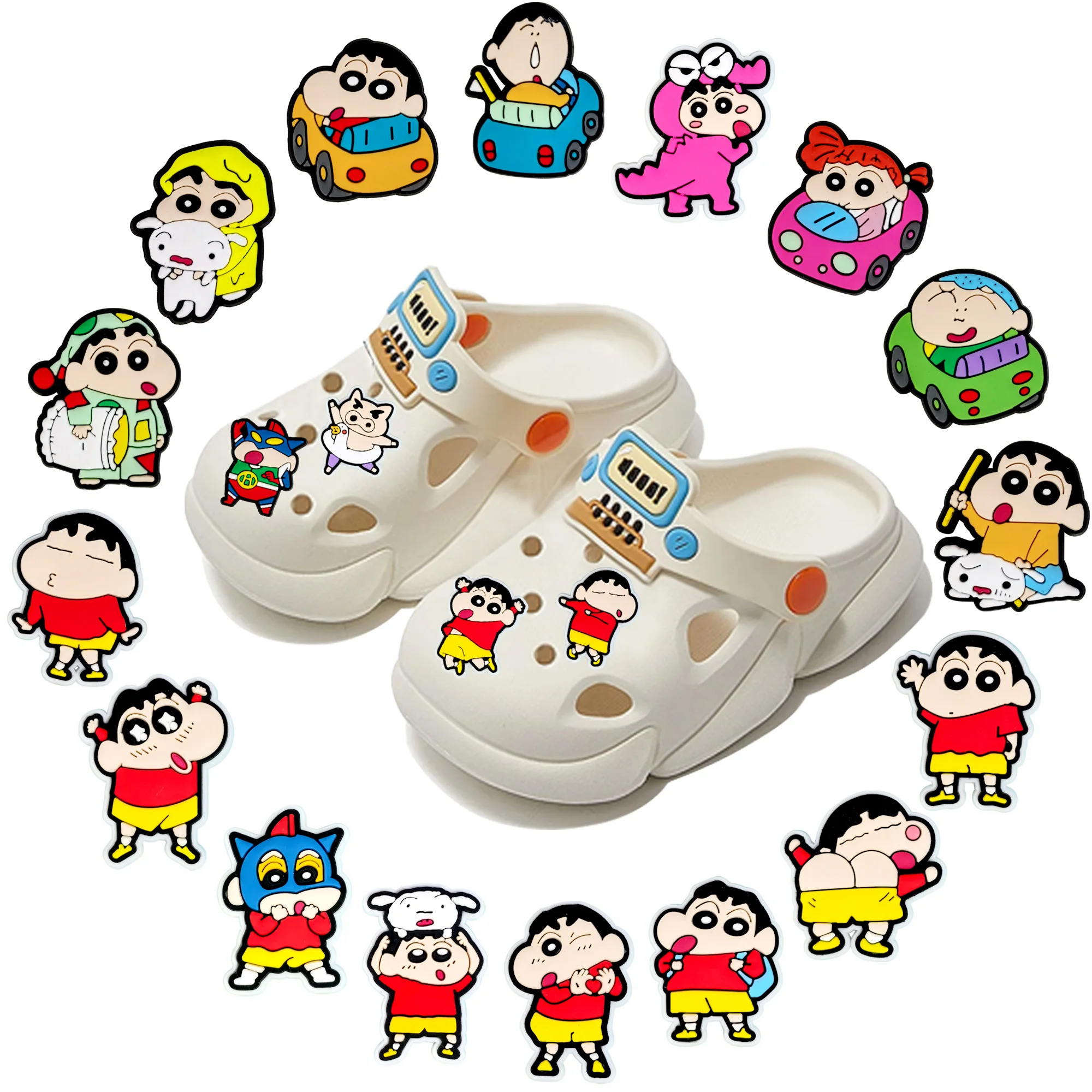 MINISO 20pcs Cartoon Crayon Shoe Charms for Japan Anime Shin-chan DIY Shoe Decorations Accessories Sandal Decorate Kids Gift