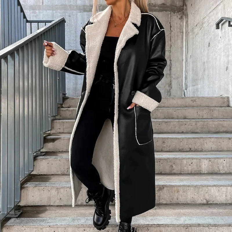 Winter Elegant Faux Fur Fleece Long Coats Women Fashion Lapel Collar Button Leather Jacket Fall Casual Long Sleeve Solid Outwear