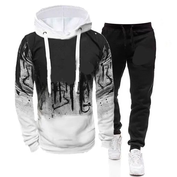 

Men Set Splash-Ink Print Casual Long Sleeve Hoodie 2 Piece Outfit+Sweatpant New Gym Jogging Male Tracksuit S-5XL