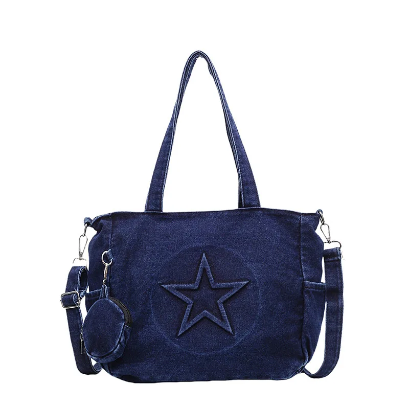 

Women’s Denim Tote Bag Large Capacity Shoulder Handbag Casual Fashion Star Design Lightweight Travel Shopping Purse