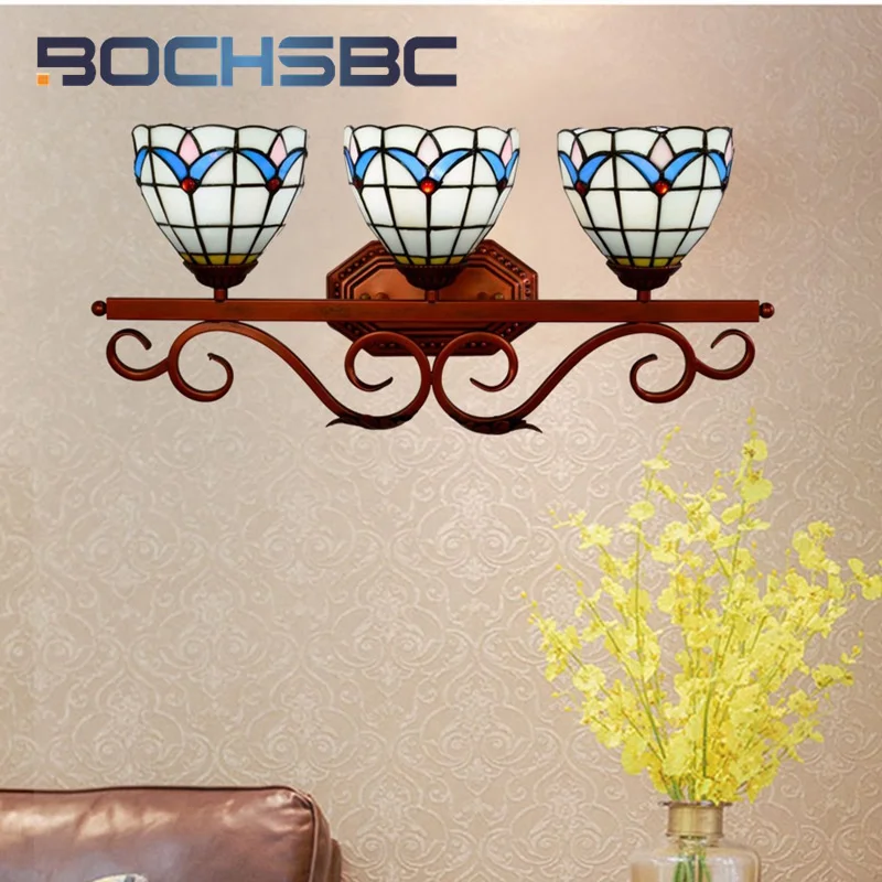 

BOCHSBC Tiffany style stained glass Mediterranean simple three-head wall lamp living room dining room corridor wall lamp decor