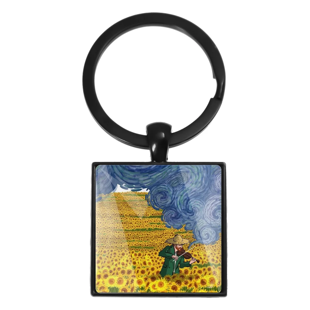 Oil Painting Art Van Gogh The Starry Night HD Printing Photo Square Keychain Backpack Decoration Jewelry Key Ring Wholesale Gift - view 4