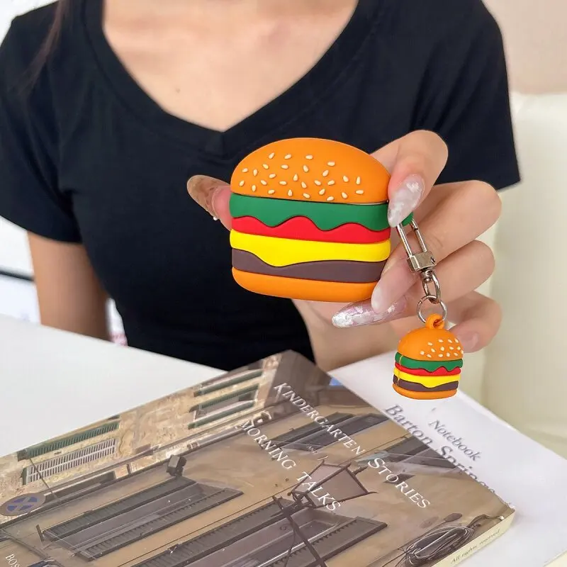3D Emulational Hamburger Case for AirPods Pro 3 Pro 2 4 Cartoon Cute Earphone Funda Silicone Soft Protective Cover with Pendant