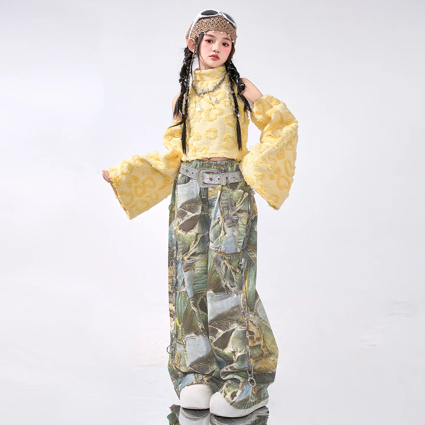 Moda hip-hopowa dla młodzieży, cekinowe crop topy, spodnie cargo w kamuflażu, zestawy ubrań K-pop dla dziewcząt, kostiumy jazzowe dla dzieci, odzież uliczna dla dzieci.