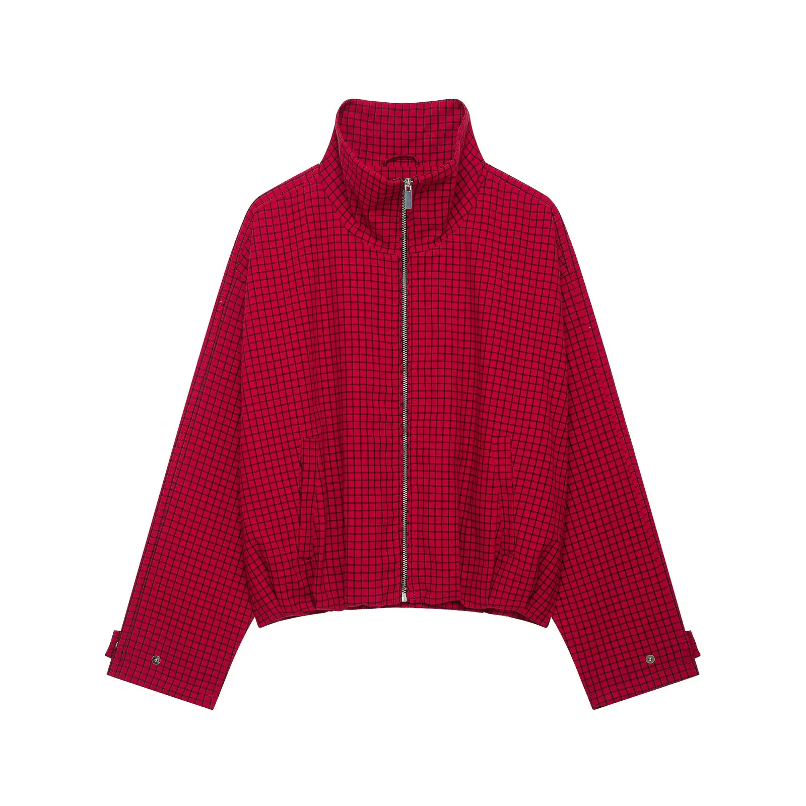 KONDALA Vintage Damen Pilotenjacken Rot Kariert Waffelstrick Stehkragen Lockerer Reißverschluss Langarm Streetwear Herbst Freizeitjacken – Detail 6