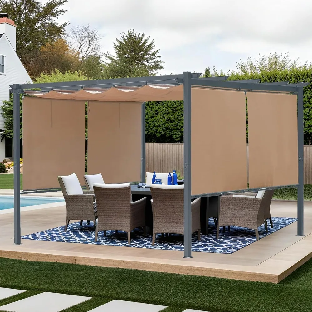 

12 x 12 ft Outdoor Pergola with Retractable Shade Canopy, Matte Aluminum Frame, 4 Roller Shade Curtains, Grape Trellis