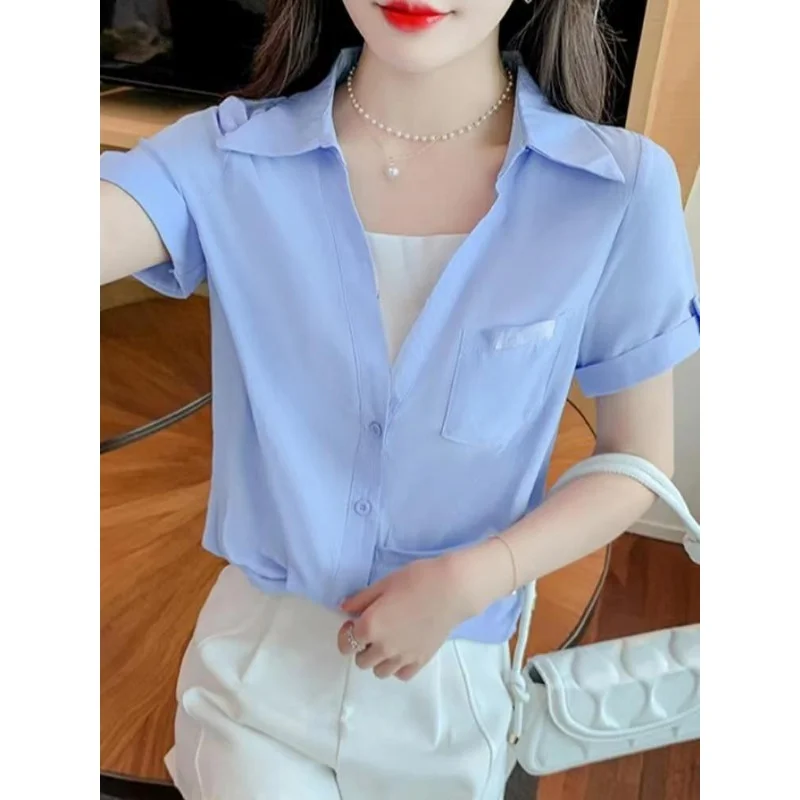 Polo Shirts for Women 2024 Fashionable French V-neck Fake Two White Shirts Summer Design Korean Loose Short Sleeved Shirt Top