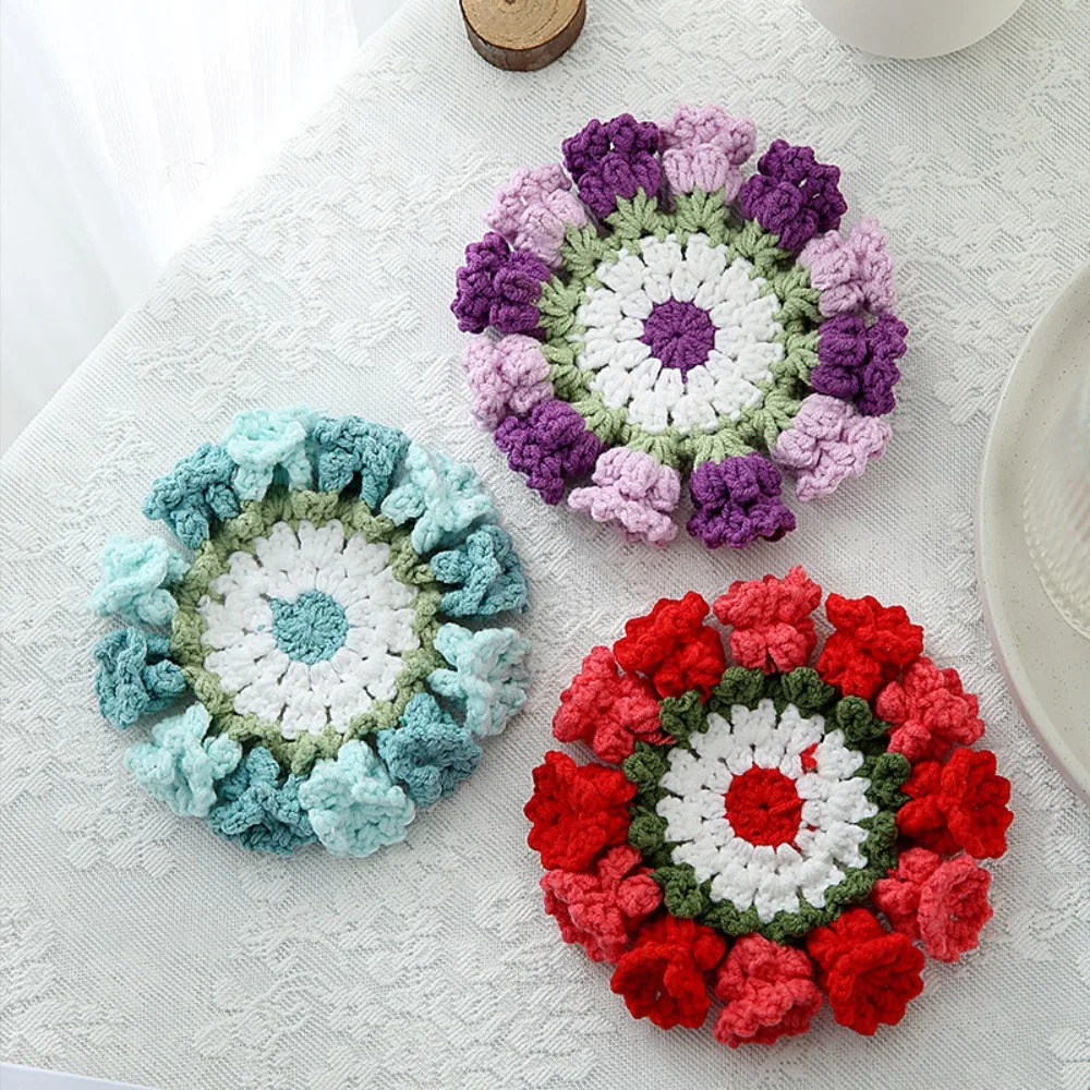 

Crochet Flower Coaster 12cm Round Reusable Insulation Table Mat Knit Flower Coaster Handmade Mug Cup Bowl Pad Home Kitchen Decor