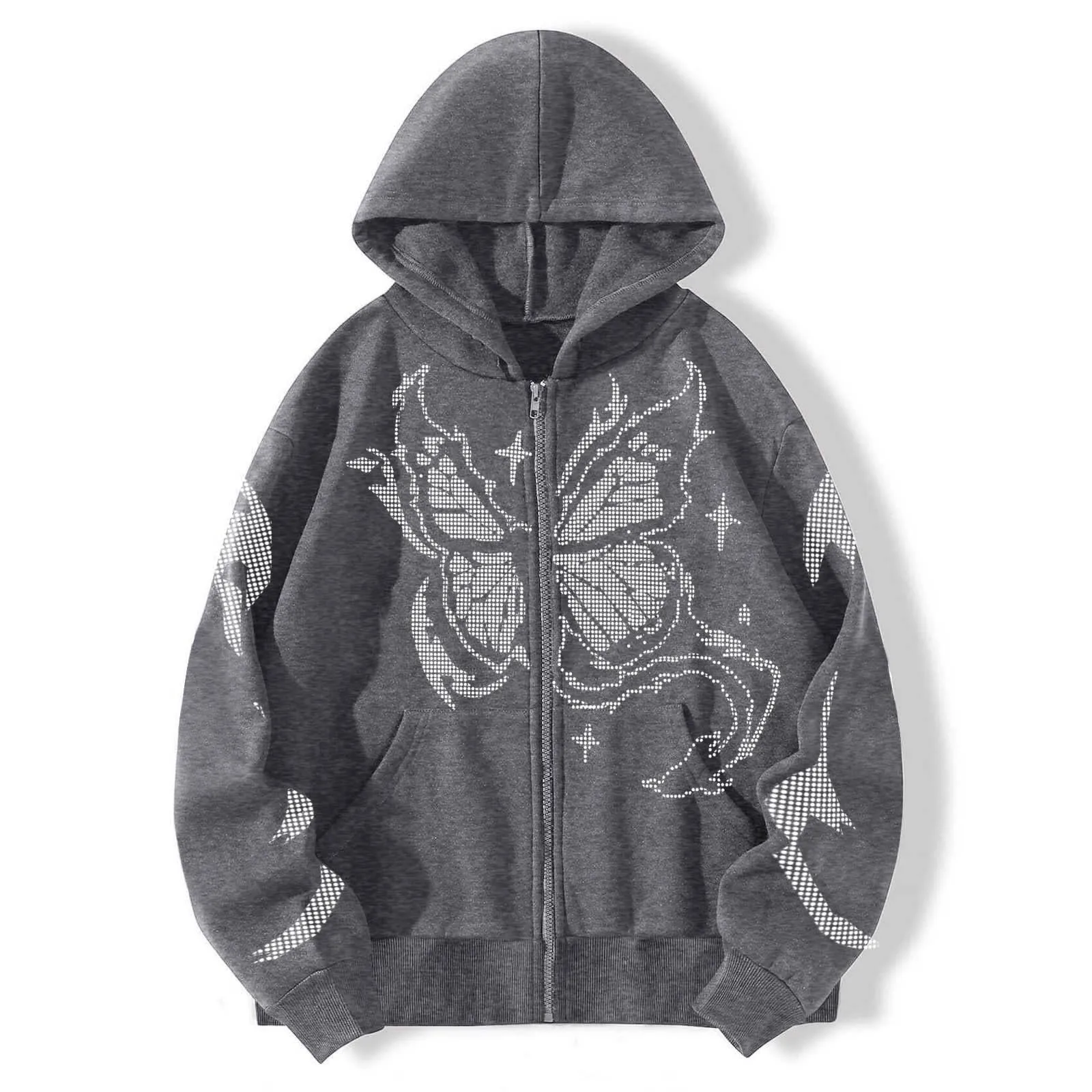 

Women Gothic Butterfly Print Hoodie Harajuku Zip Up Loose Sweatshirt Pocket Long Sleeve Pullover Hip-Hop Streetwear Y2k Autumn
