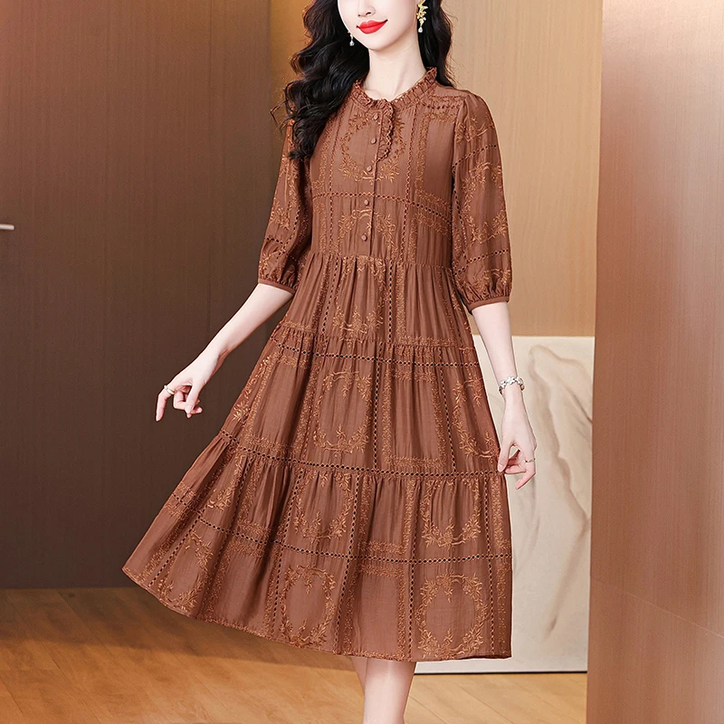 

Casual Luxury Floral Embroidery Natural Silk Midi Prom 2025 Summer Vintage Loose Wedding Dress Elegant Women Party Evening Dress