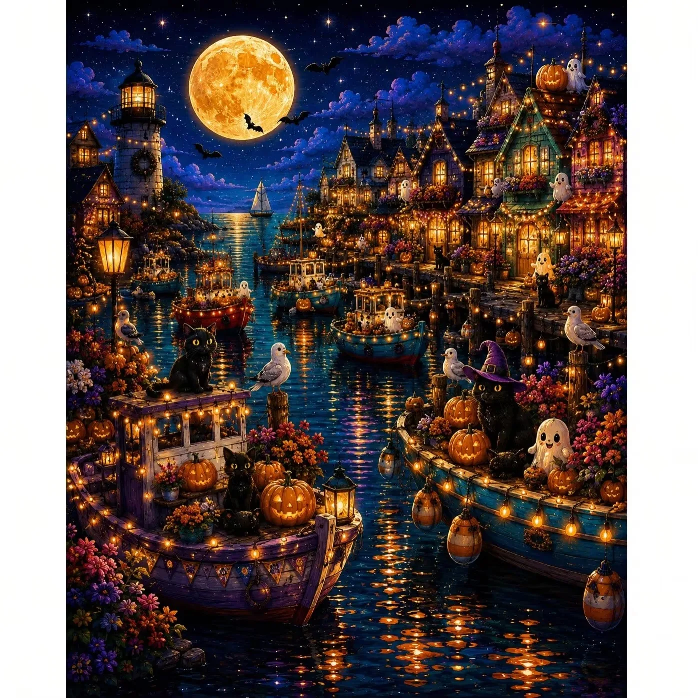 Seaside Harbor Scene Coastal Halloween Village Jigsaw Puzzles 500/1000/1200/2000 PCS Modern Wall Decor for Home Perfect Gift