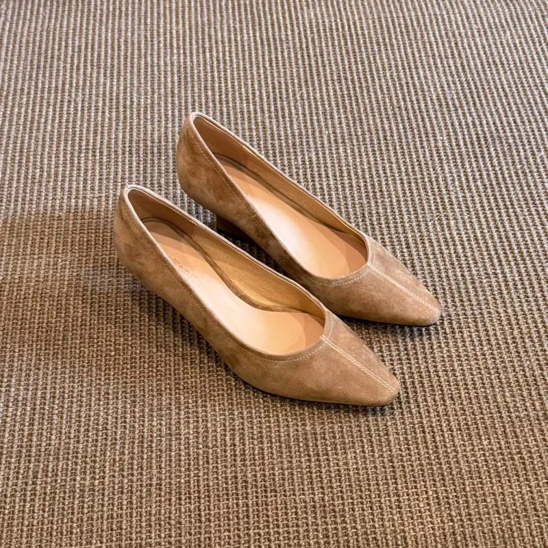 BANFANG Women's Shoes 5.5cm Retro High Quality Suede Square Toe Shallow Mouth Elegant Commute Versatile Female Shoes