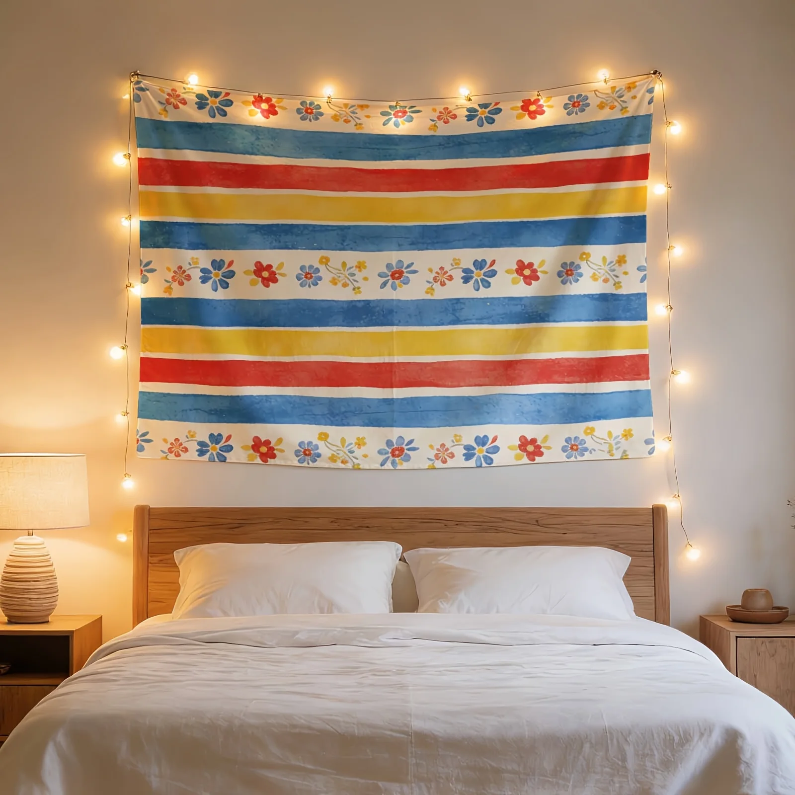 Vibrant Boho Stripe Floral Tapestry Wall Hanging Polyester Fabric Bohemian Coastal Nautical Decor for Modern Bedroom Living Room