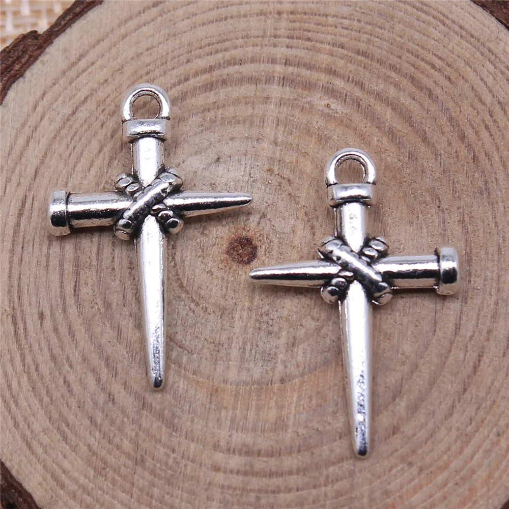 10Pcs/Lot 22x16mm Antique Silver Color Nail Cross Charms Pendant For Jewelry Making DIY Jewelry Findings