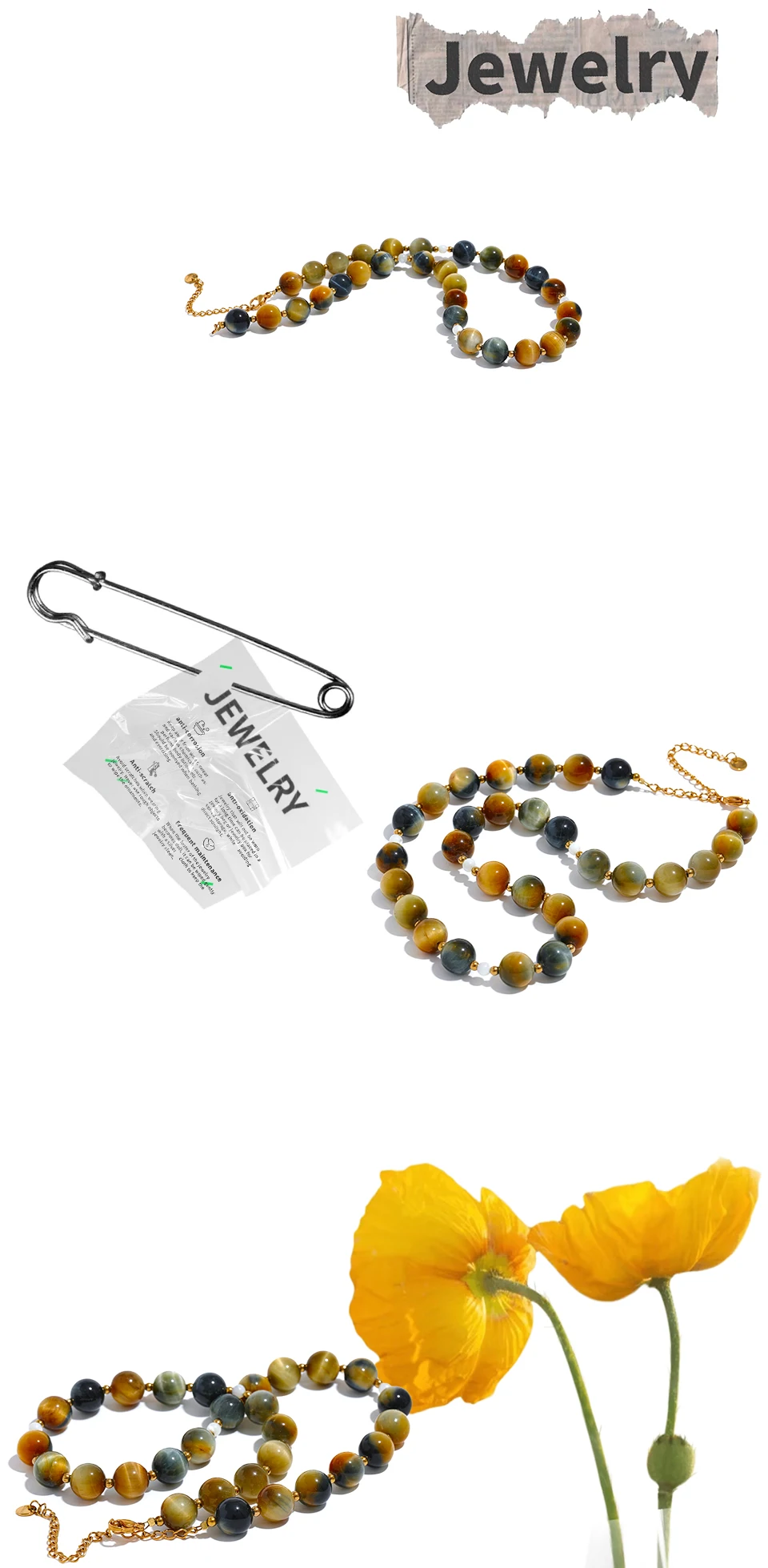 Yhpup Maillard Naturstein Tiger Runde Perlen Kette Kragen Halskette Edelstahl Handgefertigter Schmuck Wasserdicht für Frauen Geschenk – Detail 8