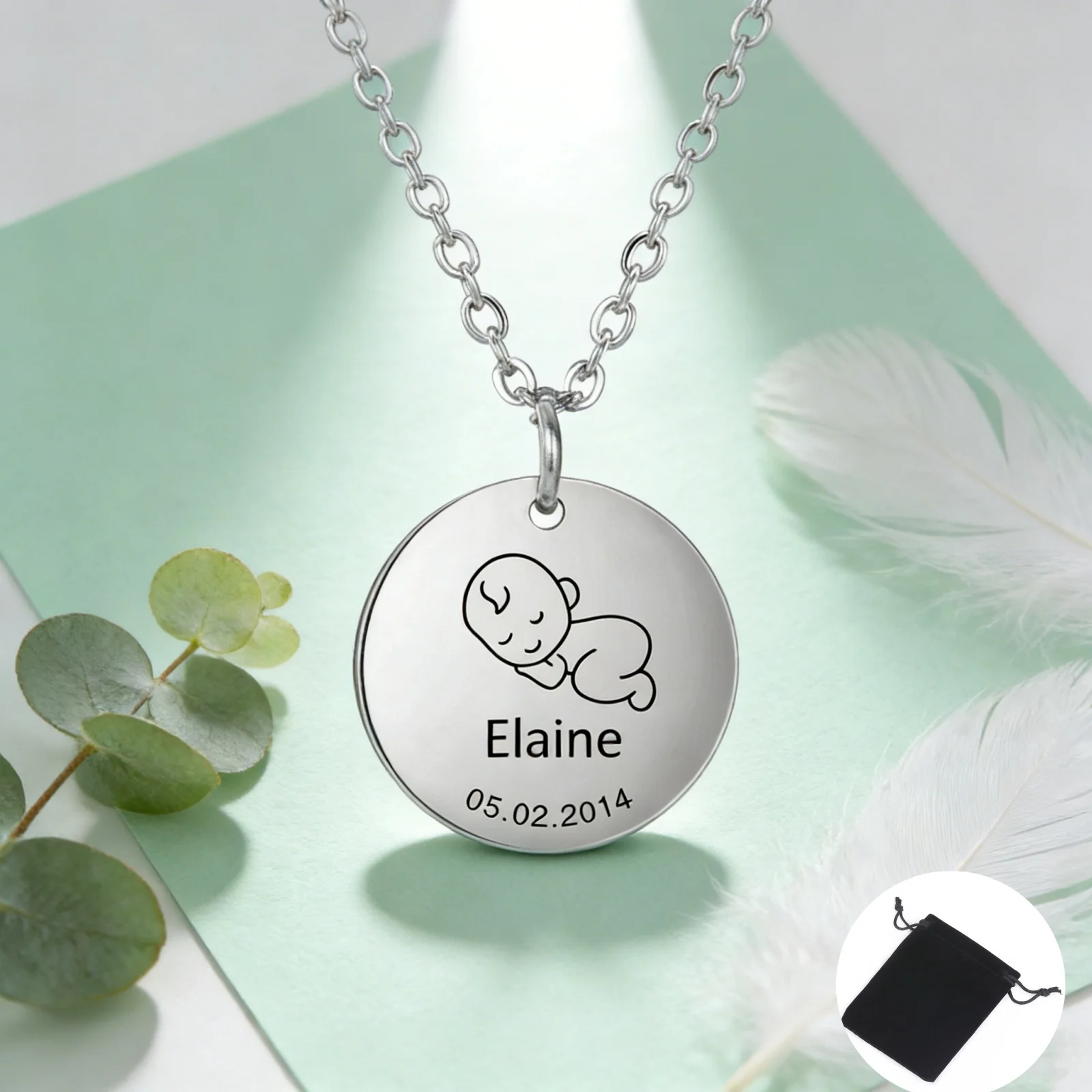 Customized Name Date Round Pendant Necklace, Stainless Steel Gift