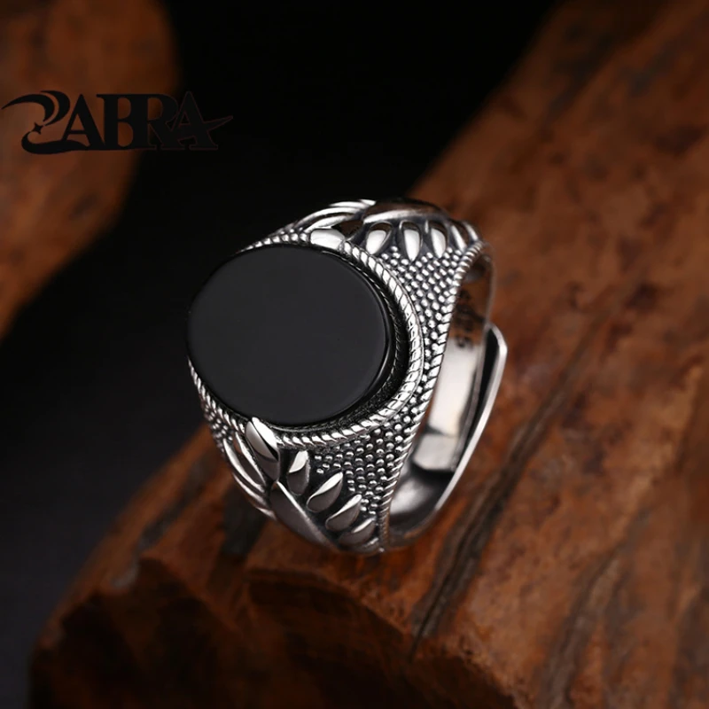 ZABRA Wholesale 925 Sterling Silver Ring, Black Agate Ring, Ring Opening, Thai Silver Retro Trendy Personality Jewelry.