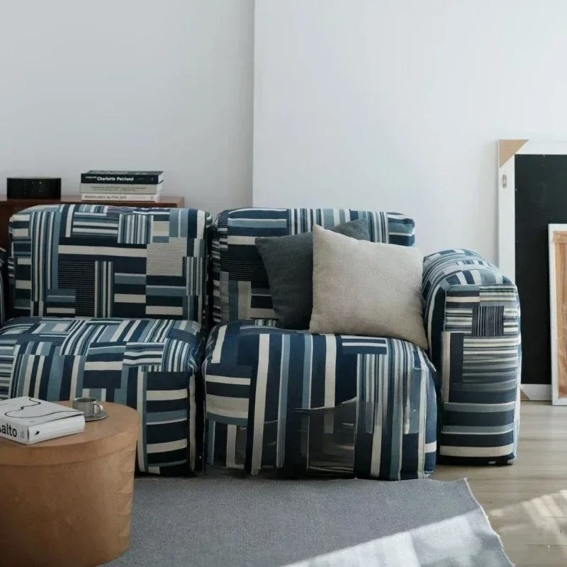 Niche retro design denim splicing cloth sofa casual lazy wind small apartment bread module living room sofa