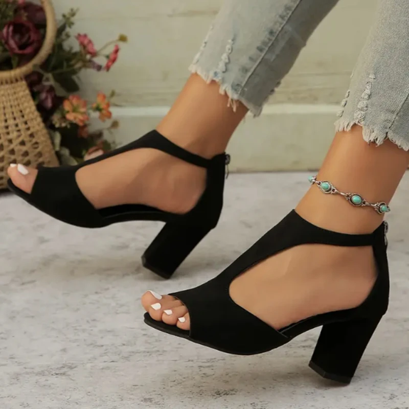 Women Sandals High Heels Chunky Desgners Shoes Summer New Brand 2024 Fashion Elegant Walking Zipper Slides Women Zapatos Mujer