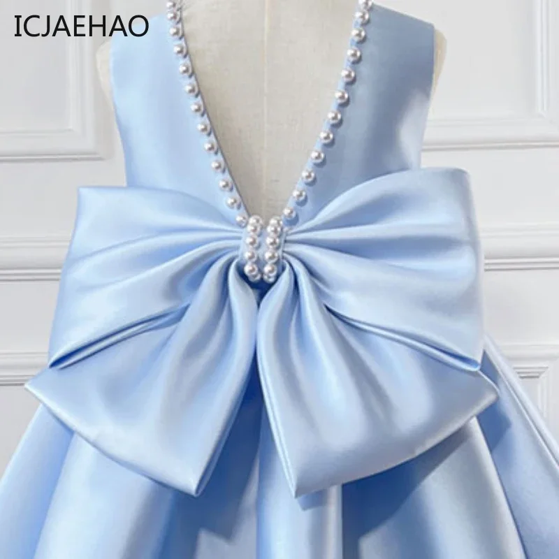 2025 Baby Girl Dress Sleeveless Satin Beading Simple Solid Color Children Princess Kid Noble Clothing Birthday Gift