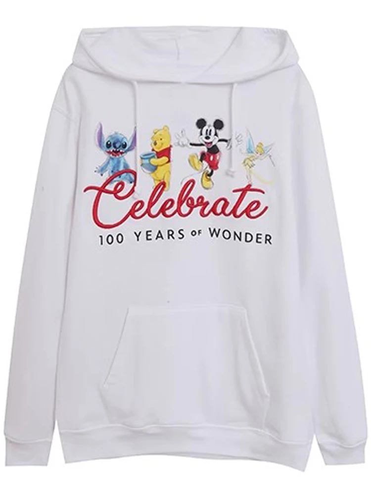 Disney Sweatshirt 100th Years of Wonder Mickey Mouse Stitch Winnie the Pooh Print Embroidery Women Hooded Tops + Pants 1 Sets