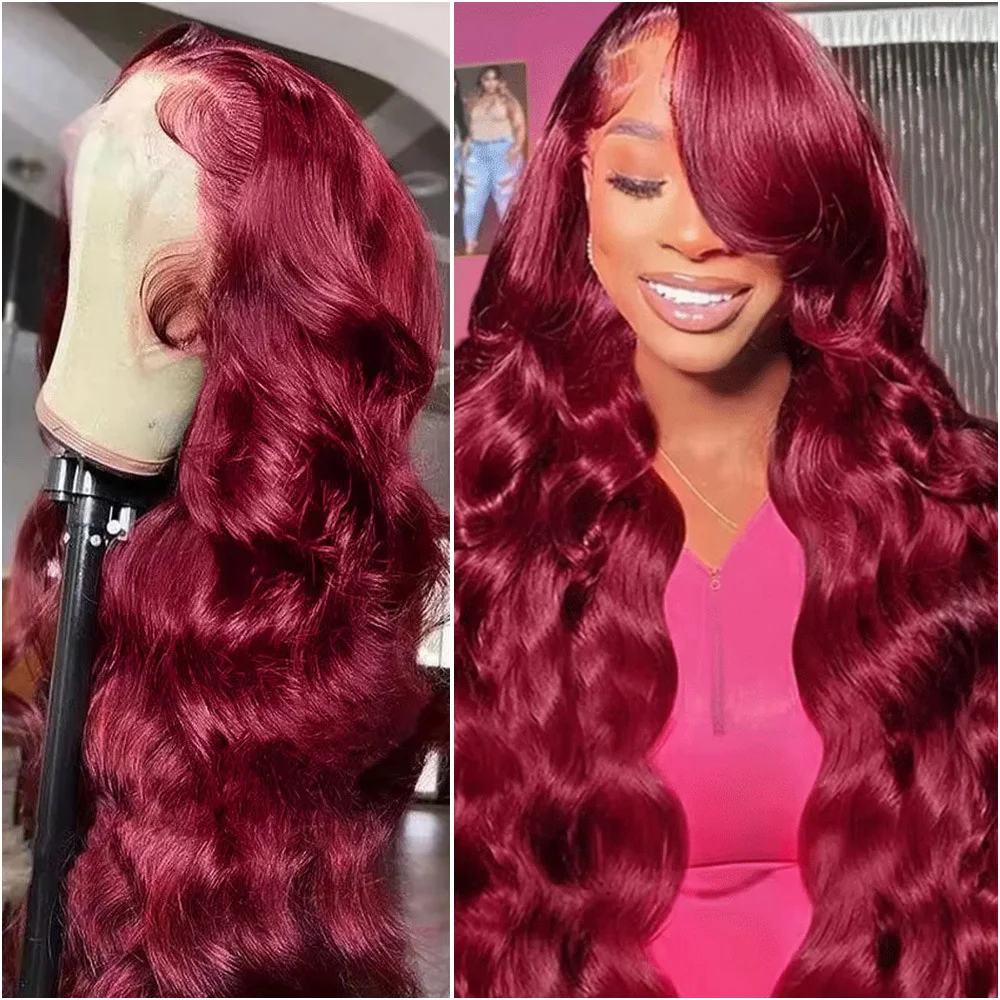 200 densidade onda do corpo 99j borgonha 13x6 hd peruca frontal de renda transparente pré arrancado 100% cabelo humano 13x4 perucas dianteiras do laço 36 Polegada