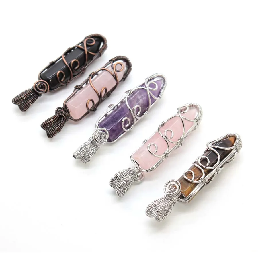 Charms Natural Healing Crystal Hexagon Stone Pendant For Women DIY Necklace Amethyst Rose Quartz Wire Wraped Choice Men Jewelry - view 3