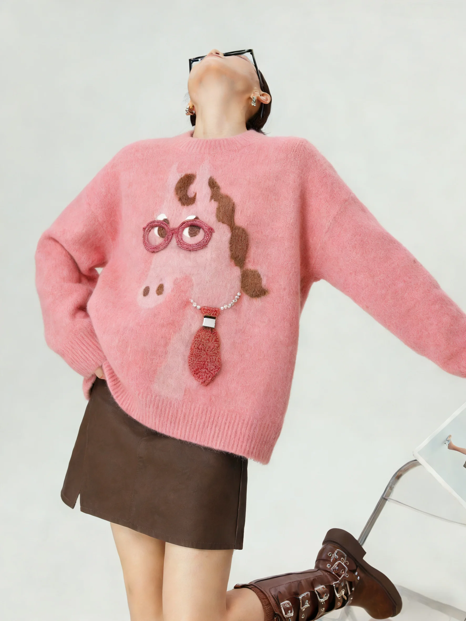 

Spring New Pink Knitted Sweater round Ne Top Unique Beautiful Embroidery Women's Faionable Casual Loose Fit Long Sl...