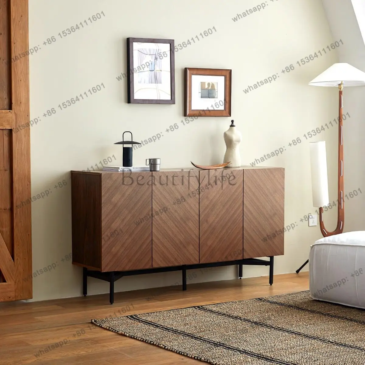 

Light luxury fish bone pattern solid wood dining side cabinet living room entrance antique locker
